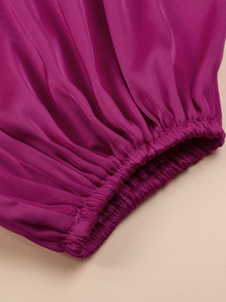 Shimmering Pink Satin Blouse with Unique Neckline and Balloon Sleeves