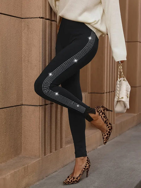 Women's Shimmering Rhinestone-Embellished Stretchy Waist Slim Fit Trousers