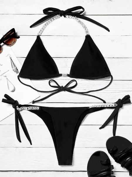 Women's Black Rhinestone Embellished Triangle Halter Bikini