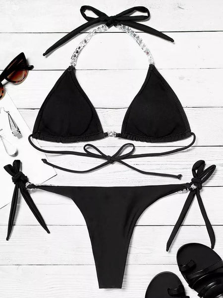Women's Black Rhinestone Embellished Triangle Halter Bikini