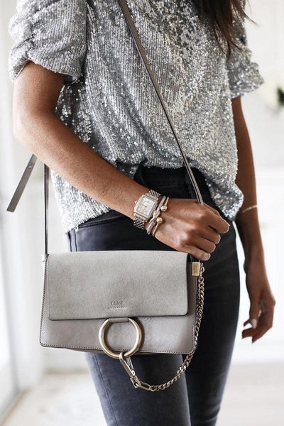 Shimmering Short Sleeve Sequin Top with Ruched Puff Detail