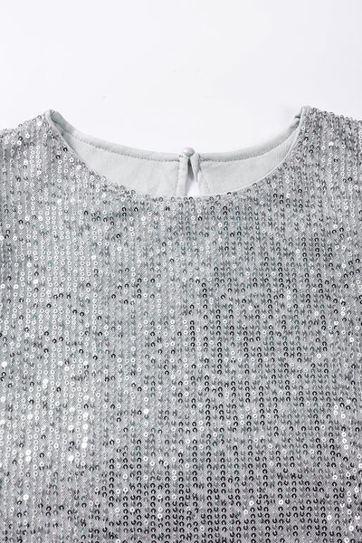 Shimmering Short Sleeve Sequin Top with Ruched Puff Detail