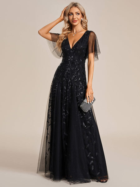 Women's Shimmery V Neck Ruffle Sleeves Sequin Maxi Long Evening Dress
