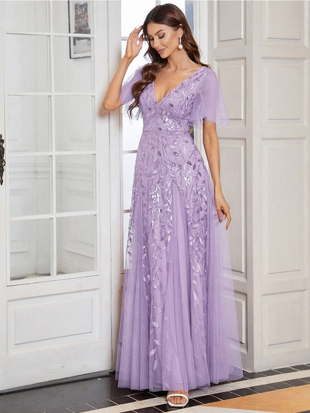 Women's Shimmery V Neck Ruffle Sleeves Sequin Maxi Long Evening Dress