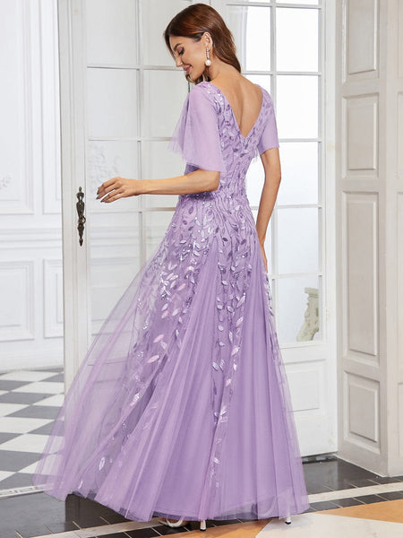 Women's Shimmery V Neck Ruffle Sleeves Sequin Maxi Long Evening Dress