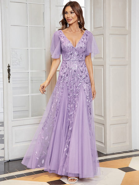 Women's Shimmery V Neck Ruffle Sleeves Sequin Maxi Long Evening Dress