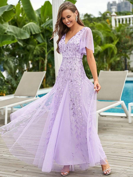 Women's Shimmery V Neck Ruffle Sleeves Sequin Maxi Long Evening Dress