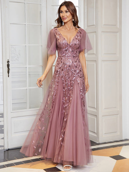 Women's Shimmery V Neck Ruffle Sleeves Sequin Maxi Long Evening Dress