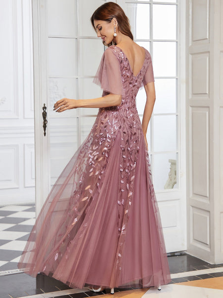 Women's Shimmery V Neck Ruffle Sleeves Sequin Maxi Long Evening Dress