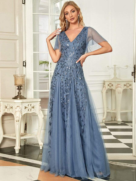 Women's Shimmery V Neck Ruffle Sleeves Sequin Maxi Long Evening Dress