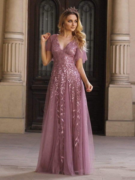 Women's Shimmery V Neck Ruffle Sleeves Sequin Maxi Long Evening Dress