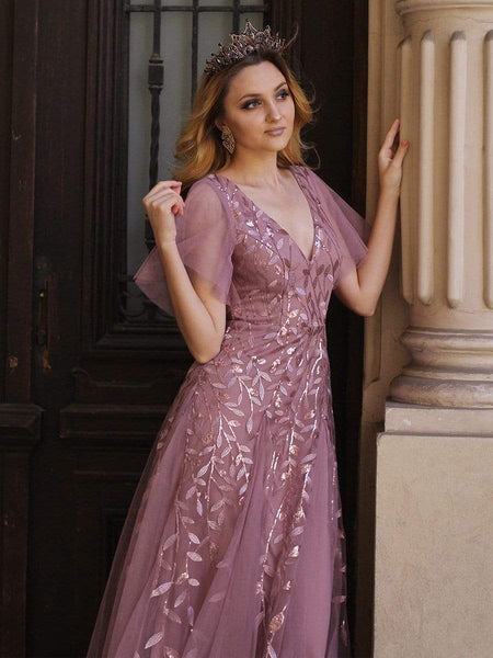 Women's Shimmery V Neck Ruffle Sleeves Sequin Maxi Long Evening Dress