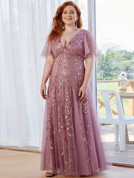 Women's Shimmery V Neck Ruffle Sleeves Sequin Maxi Long Evening Dress