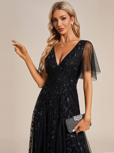 Women's Shimmery V Neck Ruffle Sleeves Sequin Maxi Long Evening Dress