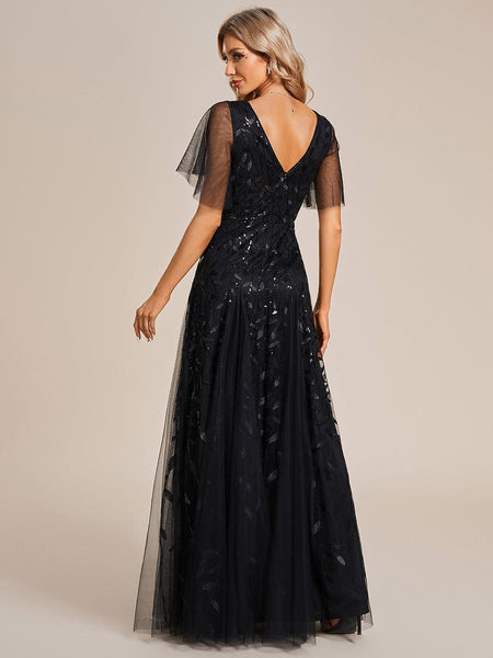 Women's Shimmery V Neck Ruffle Sleeves Sequin Maxi Long Evening Dress