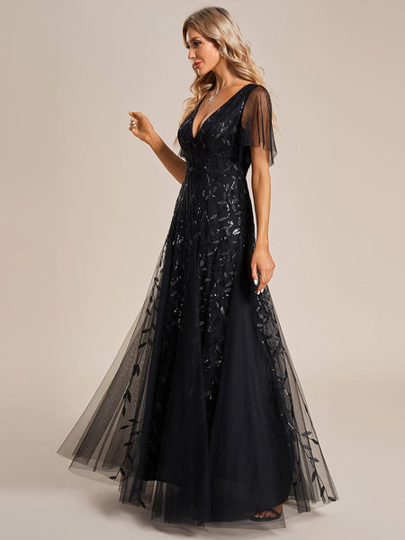 Women's Shimmery V Neck Ruffle Sleeves Sequin Maxi Long Evening Dress