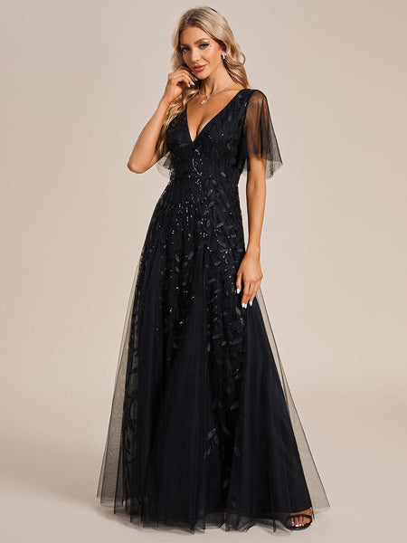 Women's Shimmery V Neck Ruffle Sleeves Sequin Maxi Long Evening Dress
