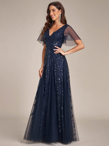 Women's Shimmery V Neck Ruffle Sleeves Sequin Maxi Long Evening Dress