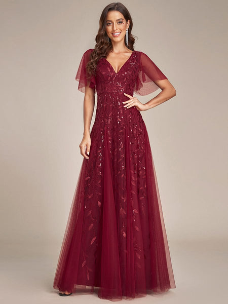 Women's Shimmery V Neck Ruffle Sleeves Sequin Maxi Long Evening Dress