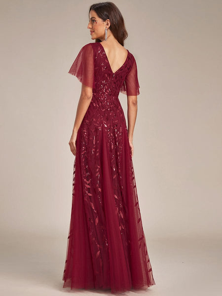 Women's Shimmery V Neck Ruffle Sleeves Sequin Maxi Long Evening Dress