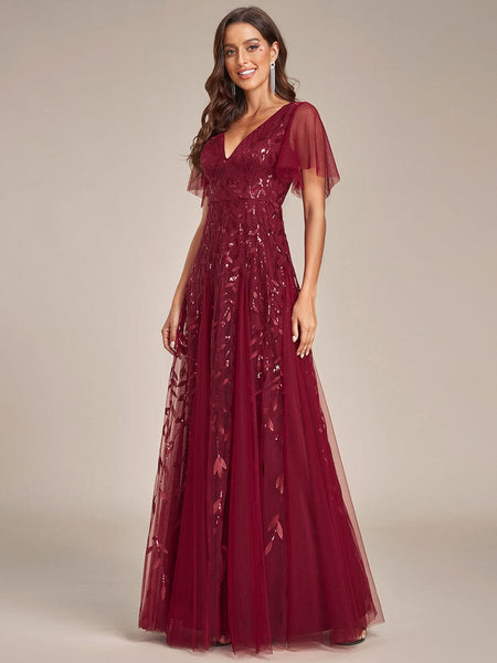 Women's Shimmery V Neck Ruffle Sleeves Sequin Maxi Long Evening Dress
