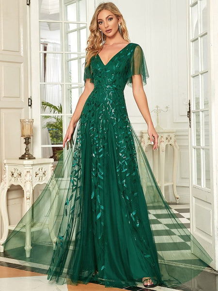 Women's Shimmery V Neck Ruffle Sleeves Sequin Maxi Long Evening Dress