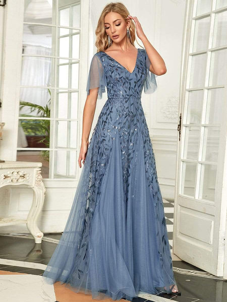 Women's Shimmery V Neck Ruffle Sleeves Sequin Maxi Long Evening Dress