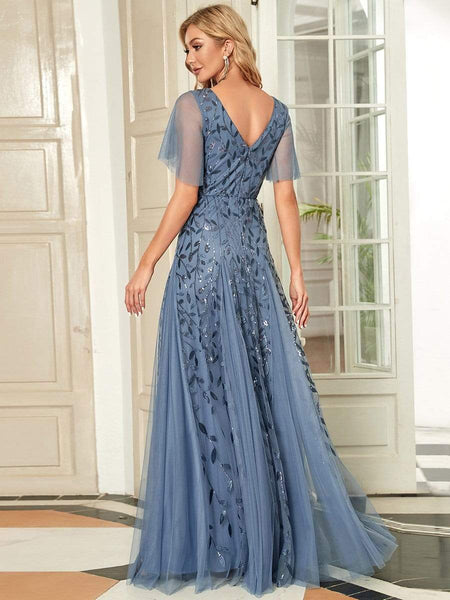 Women's Shimmery V Neck Ruffle Sleeves Sequin Maxi Long Evening Dress