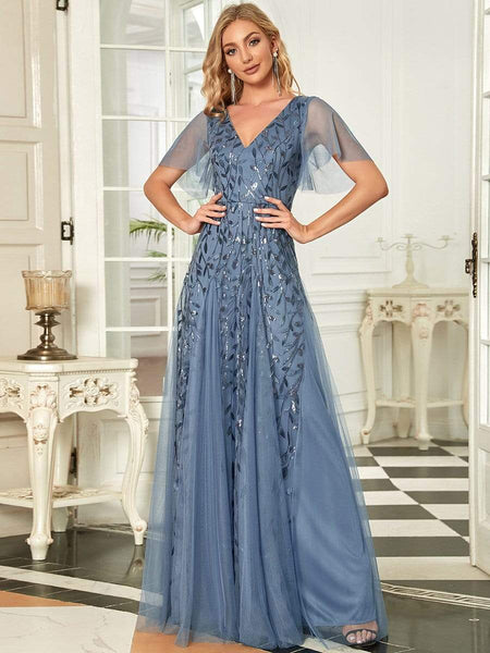 Women's Shimmery V Neck Ruffle Sleeves Sequin Maxi Long Evening Dress