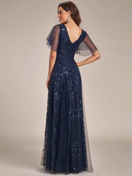 Women's Shimmery V Neck Ruffle Sleeves Sequin Maxi Long Evening Dress