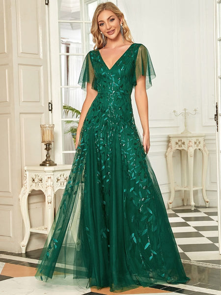 Women's Shimmery V Neck Ruffle Sleeves Sequin Maxi Long Evening Dress