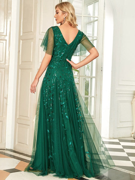 Women's Shimmery V Neck Ruffle Sleeves Sequin Maxi Long Evening Dress