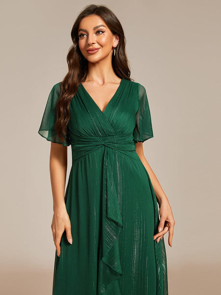 Shimmery V Neck Tea Length Wedding Guest Dress With Short Sleeves