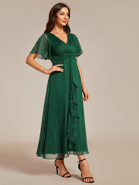 Shimmery V Neck Tea Length Wedding Guest Dress With Short Sleeves