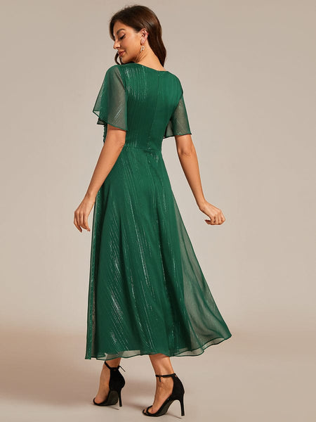 Shimmery V Neck Tea Length Wedding Guest Dress With Short Sleeves
