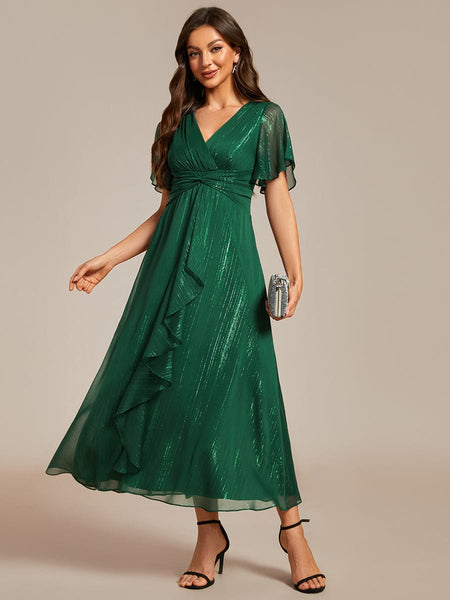 Shimmery V Neck Tea Length Wedding Guest Dress With Short Sleeves