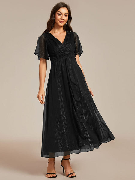 Shimmery V Neck Tea Length Wedding Guest Dress With Short Sleeves