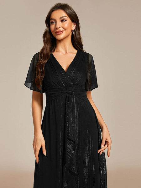 Shimmery V Neck Tea Length Wedding Guest Dress With Short Sleeves