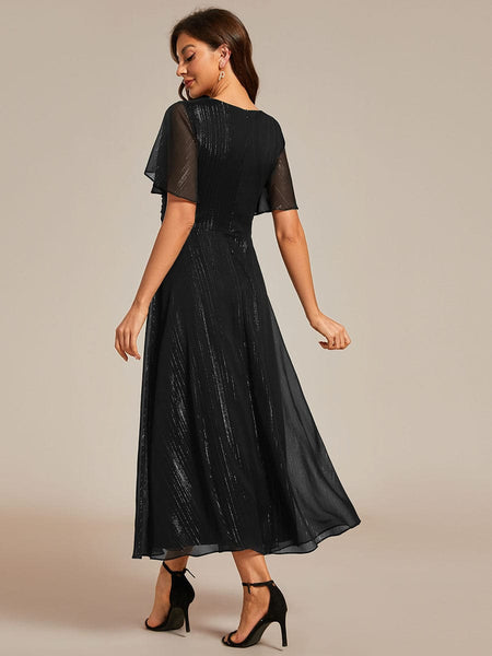 Shimmery V Neck Tea Length Wedding Guest Dress With Short Sleeves