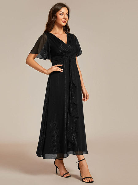 Shimmery V Neck Tea Length Wedding Guest Dress With Short Sleeves