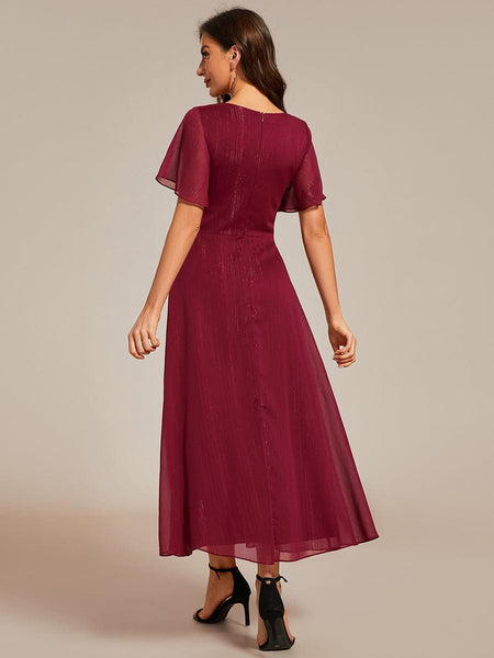 Shimmery V Neck Tea Length Wedding Guest Dress With Short Sleeves