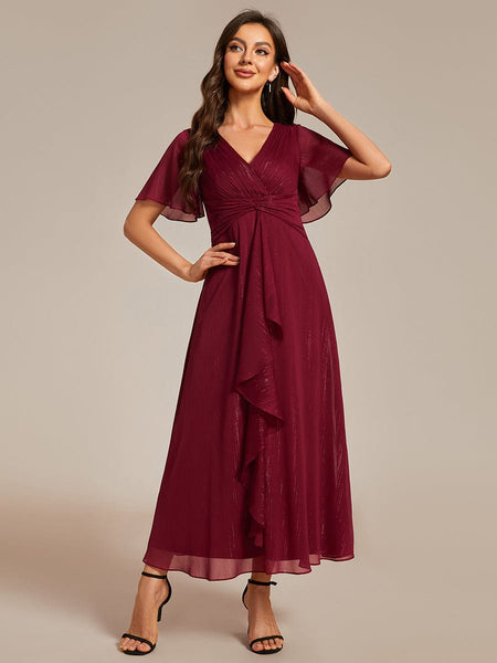 Shimmery V Neck Tea Length Wedding Guest Dress With Short Sleeves