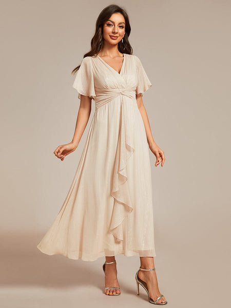 Shimmery V Neck Tea Length Wedding Guest Dress With Short Sleeves