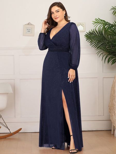 Shiny Puff Sleeve V-Neck Evening Gown for Curvy Women