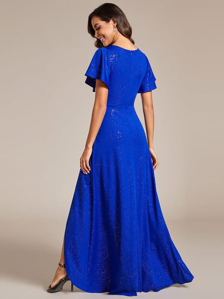 Glamorous V-Neck A-Line Evening Gown with Side Split and Ruffle Sleeves