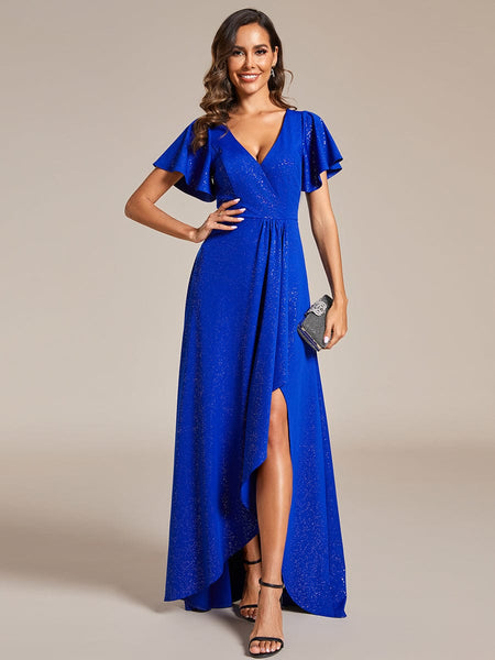 Glamorous V-Neck A-Line Evening Gown with Side Split and Ruffle Sleeves
