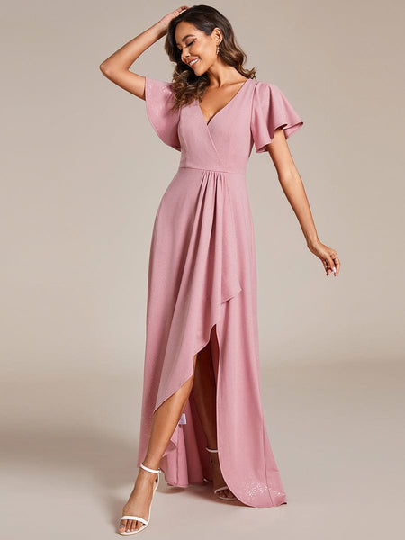 Glamorous V-Neck A-Line Evening Gown with Side Split and Ruffle Sleeves