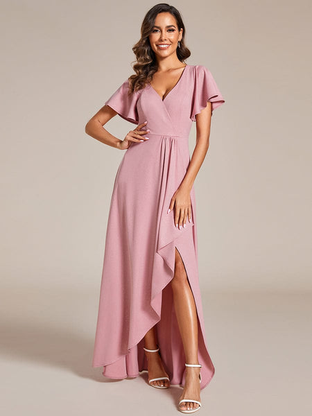 Glamorous V-Neck A-Line Evening Gown with Side Split and Ruffle Sleeves