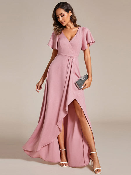 Glamorous V-Neck A-Line Evening Gown with Side Split and Ruffle Sleeves