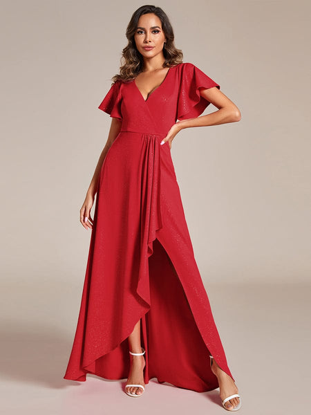 Glamorous V-Neck A-Line Evening Gown with Side Split and Ruffle Sleeves